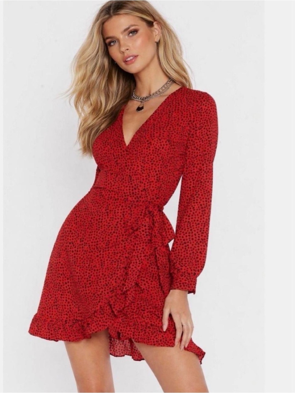 Nasty Gal Red Print Wrap Mini Dress Size L